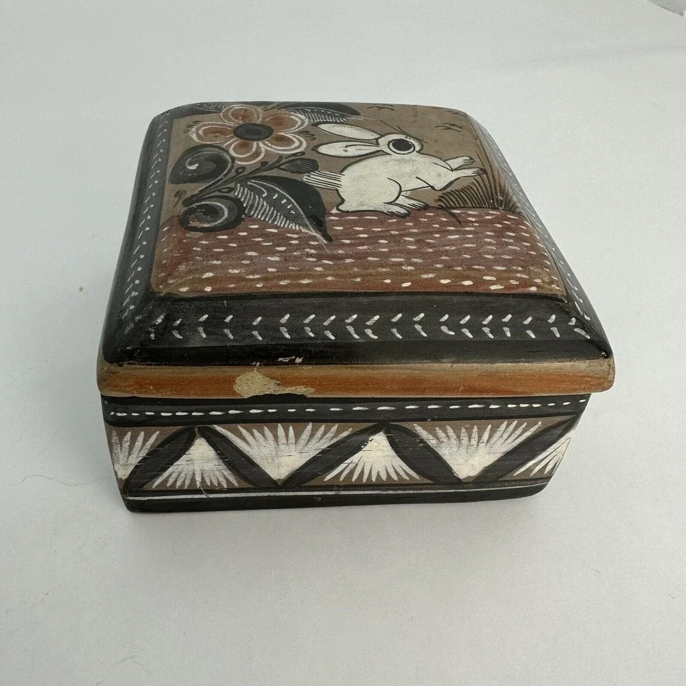 Tonala Mexico Pottery Trinket Jewelry Box Folk Art Vintage